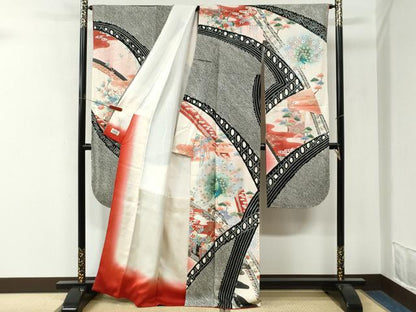 平和屋着物●豪華振袖　絞り　孔雀花車文　暈し染め　黒地　金彩　正絹　逸品　CABM4344yc