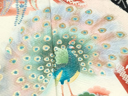 平和屋着物●豪華振袖　絞り　孔雀花車文　暈し染め　黒地　金彩　正絹　逸品　CABM4344yc