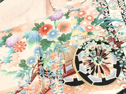 平和屋着物●豪華振袖　絞り　孔雀花車文　暈し染め　黒地　金彩　正絹　逸品　CABM4344yc