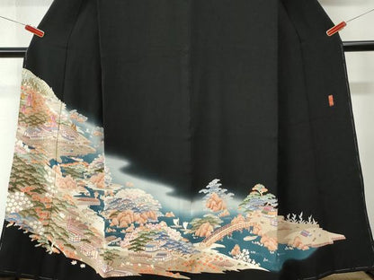 平和屋着物●豪華黒留袖　友禅　作家物　遠山樹林浜松風景文　暈し染め　正絹　逸品　CABM4356yc