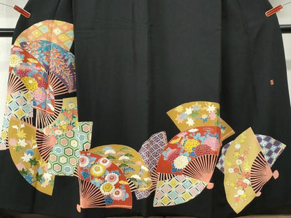 平和屋着物●本加賀友禅作家　百貫華峰　黒留袖　扇面吉祥花文　正絹　逸品　CABM4360yc