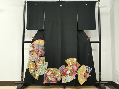 平和屋着物●本加賀友禅作家　百貫華峰　黒留袖　扇面吉祥花文　正絹　逸品　CABM4360yc