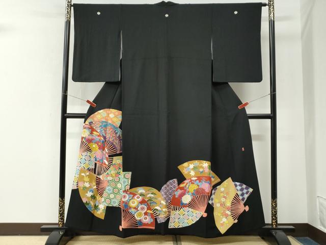 平和屋着物●本加賀友禅作家　百貫華峰　黒留袖　扇面吉祥花文　正絹　逸品　CABM4360yc