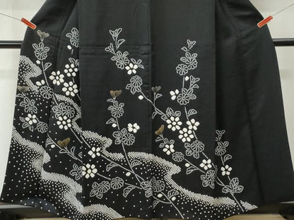 平和屋着物●訪問着　絞り　枝花文　黒地　金彩　正絹　逸品　CABM4361yc