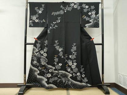 平和屋着物●訪問着　絞り　枝花文　黒地　金彩　正絹　逸品　CABM4361yc