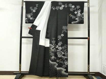 平和屋着物●訪問着　絞り　枝花文　黒地　金彩　正絹　逸品　CABM4361yc