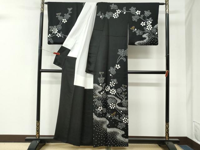 平和屋着物●訪問着　絞り　枝花文　黒地　金彩　正絹　逸品　CABM4361yc