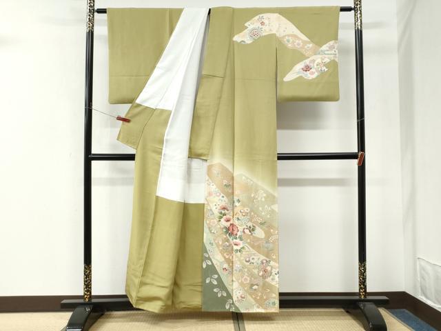 平和屋着物●訪問着　駒刺繍　吉祥扇面草花文　暈し染め　金彩　正絹　逸品　CABM4380yc