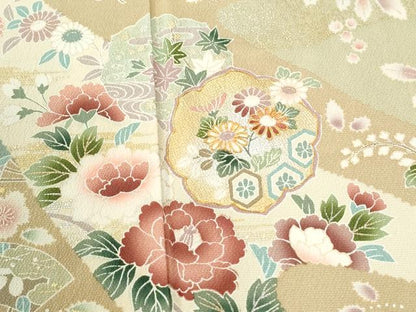 平和屋着物●訪問着　駒刺繍　吉祥扇面草花文　暈し染め　金彩　正絹　逸品　CABM4380yc