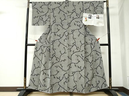 平和屋着物●上質な小紋　絞り織　枝蕾　黒地　証紙付き　正絹　逸品　未使用　CABM4398yc