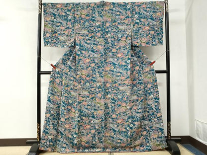 平和屋着物●上質な小紋　型染め　流水草花文　鬼しぼ縮緬　正絹　逸品　未使用　CABM4420yc