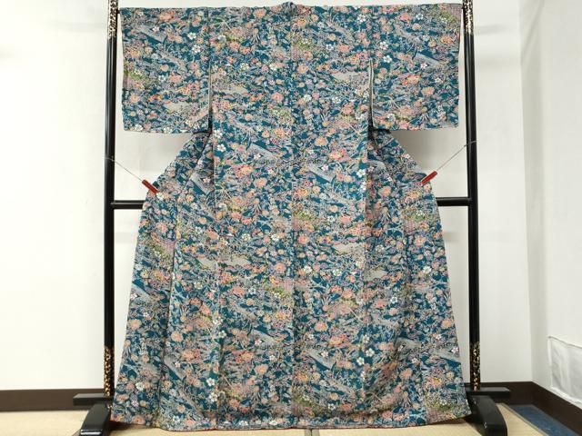 平和屋着物●上質な小紋　型染め　流水草花文　鬼しぼ縮緬　正絹　逸品　未使用　CABM4420yc