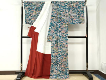 平和屋着物●上質な小紋　型染め　流水草花文　鬼しぼ縮緬　正絹　逸品　未使用　CABM4420yc