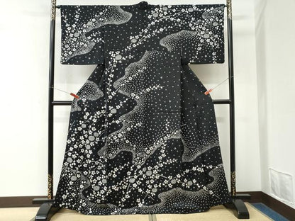 平和屋着物●訪問着　絞り　枝花文　黒地　正絹　逸品　CABM4478yc
