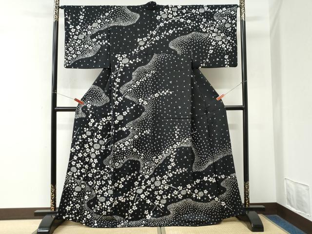 平和屋着物●訪問着　絞り　枝花文　黒地　正絹　逸品　CABM4478yc