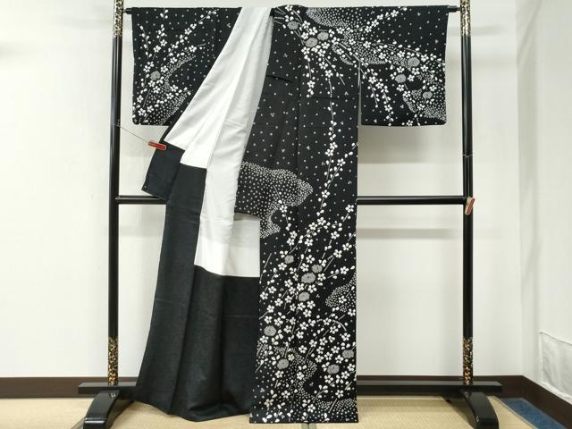 平和屋着物●訪問着　絞り　枝花文　黒地　正絹　逸品　CABM4478yc