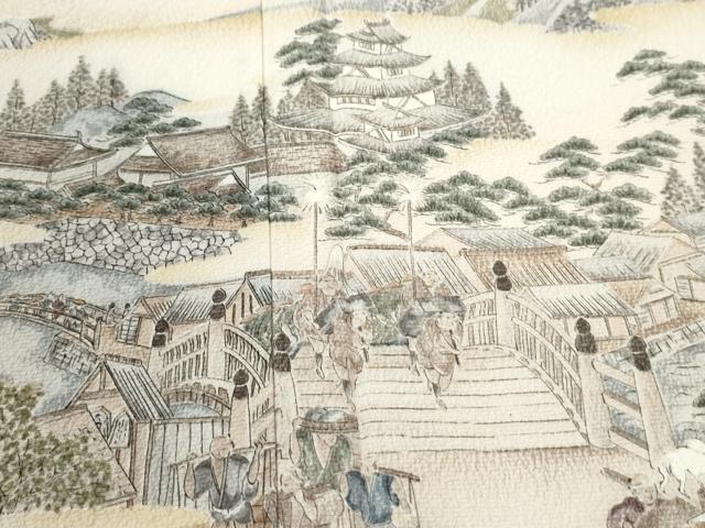 平和屋着物●訪問着　手描き　渡り橋人物風景文　暈し染め　正絹　逸品　未使用　CABM4489yc