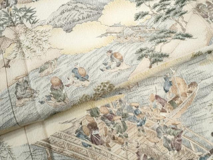 平和屋着物●訪問着　手描き　渡り橋人物風景文　暈し染め　正絹　逸品　未使用　CABM4489yc