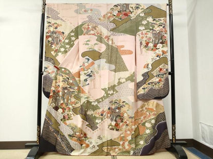 平和屋着物●豪華振袖　駒刺繍　御所車鴛鴦草花文　金彩　正絹　逸品　CABM4523yc