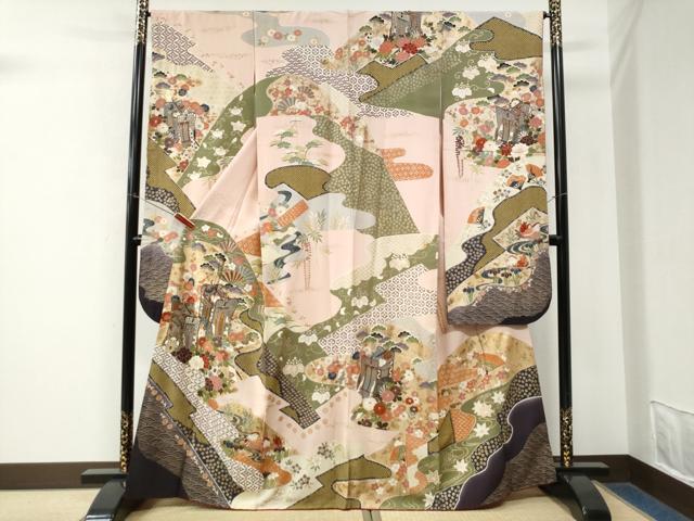 平和屋着物●豪華振袖　駒刺繍　御所車鴛鴦草花文　金彩　正絹　逸品　CABM4523yc