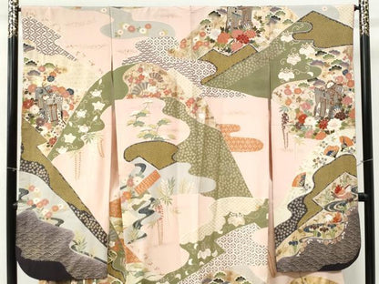 平和屋着物●豪華振袖　駒刺繍　御所車鴛鴦草花文　金彩　正絹　逸品　CABM4523yc