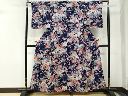 平和屋着物●上質な小紋　遠山飛鶴流水草花文　正絹　逸品　CABM4530yc