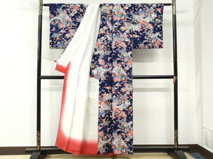 平和屋着物●上質な小紋　遠山飛鶴流水草花文　正絹　逸品　CABM4530yc