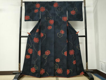 平和屋着物●上質な小紋　地紋起こし　舞花文　黒地　正絹　逸品　CABM4534yc