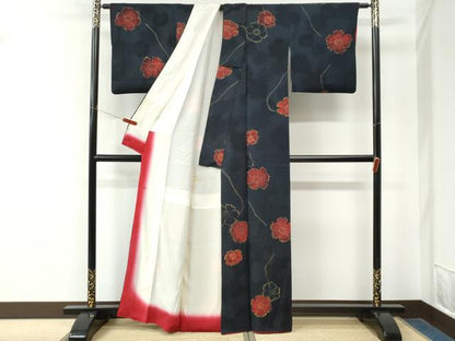 平和屋着物●上質な小紋　地紋起こし　舞花文　黒地　正絹　逸品　CABM4534yc