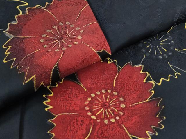 平和屋着物●上質な小紋　地紋起こし　舞花文　黒地　正絹　逸品　CABM4534yc