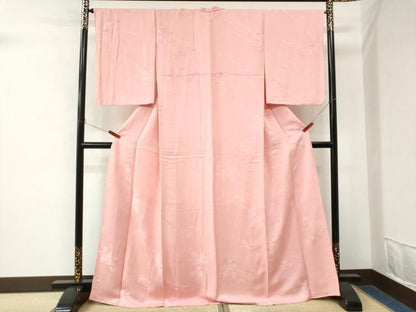 平和屋着物●上質な色無地　枝葉地紋　珊瑚色　ロング丈　正絹　逸品　CABM4540yc