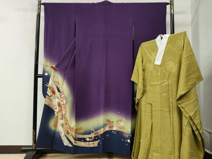 平和屋着物●豪華振袖・長襦袢セット　鬘帯飛鶴宝尽くし花文　暈し染め　金彩　正絹　逸品　CABM4554yc