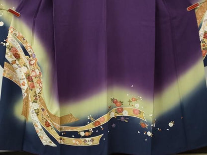 平和屋着物●豪華振袖・長襦袢セット　鬘帯飛鶴宝尽くし花文　暈し染め　金彩　正絹　逸品　CABM4554yc