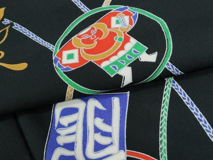 平和屋着物●小紋　背抜き仕立て　隈取　凧　黒地　洗える着物　CABM4555yc