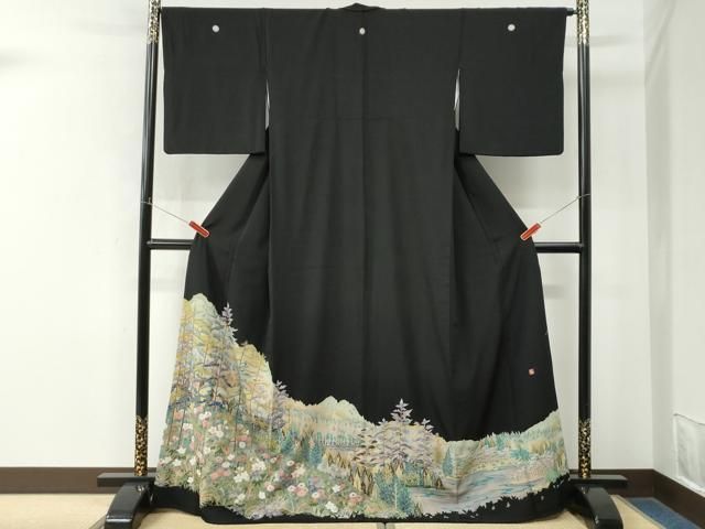 平和屋着物●豪華黒留袖　友禅　作家物　遠山草花文　正絹　逸品　CABM4575yc