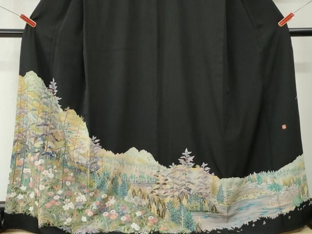平和屋着物●豪華黒留袖　友禅　作家物　遠山草花文　正絹　逸品　CABM4575yc