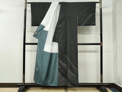 平和屋着物●訪問着　紬地　道長麻の葉文　黒地　ますいわ屋扱い　正絹　逸品　CABM4586yc