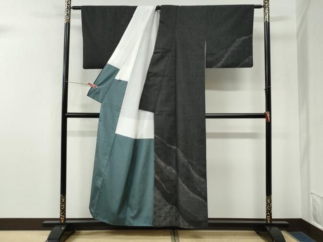 平和屋着物●訪問着　紬地　道長麻の葉文　黒地　ますいわ屋扱い　正絹　逸品　CABM4586yc