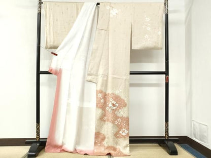 平和屋着物●訪問着　絞り　刺繍　雲取り枝花文　ロング丈　正絹　逸品　CABM4598yc