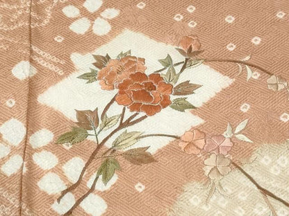 平和屋着物●訪問着　絞り　刺繍　雲取り枝花文　ロング丈　正絹　逸品　CABM4598yc