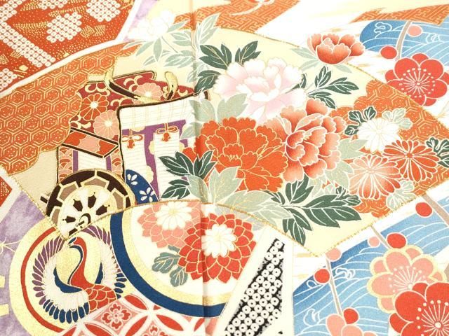 平和屋着物●訪問着　駒刺繍　地紙御所車飛鶴松竹梅花文　金彩　正絹　逸品　CABM4603yc