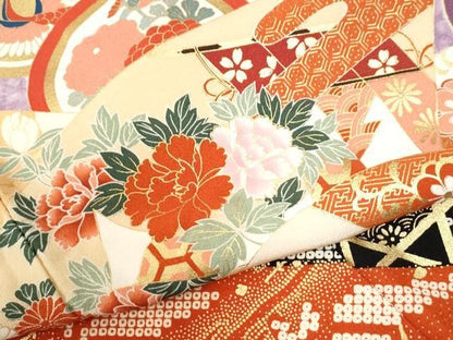 平和屋着物●訪問着　駒刺繍　地紙御所車飛鶴松竹梅花文　金彩　正絹　逸品　CABM4603yc