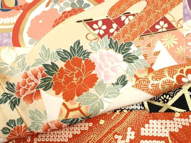 平和屋着物●訪問着　駒刺繍　地紙御所車飛鶴松竹梅花文　金彩　正絹　逸品　CABM4603yc