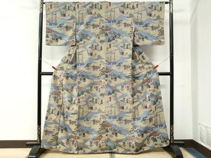 平和屋着物●上質なお召　西洋人物風景文　正絹　逸品　CABM4605yc