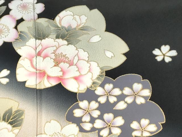 平和屋着物●豪華黒留袖　牡丹舞桜文　暈し染め　金彩　ロング丈　正絹　逸品　CABM4609yc