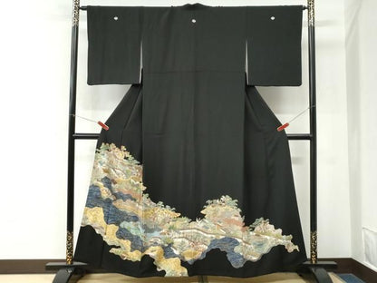 平和屋着物●森青山　黒留袖　人物風景文　金彩　正絹　逸品　CABM4612yc