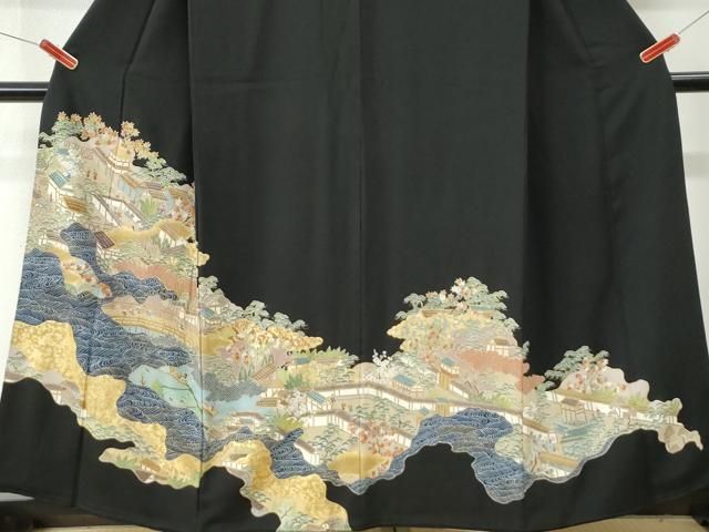 平和屋着物●森青山　黒留袖　人物風景文　金彩　正絹　逸品　CABM4612yc