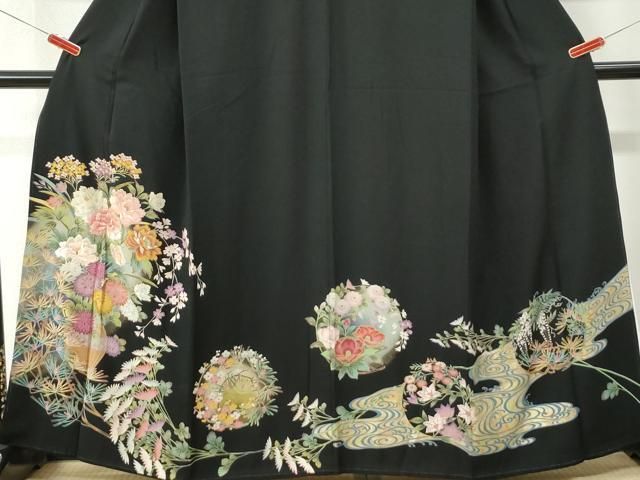 平和屋着物●豪華黒留袖　流水陶器牡丹花文　金彩　正絹　逸品　CABM4621yc