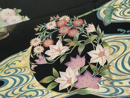 平和屋着物●豪華黒留袖　流水陶器牡丹花文　金彩　正絹　逸品　CABM4621yc