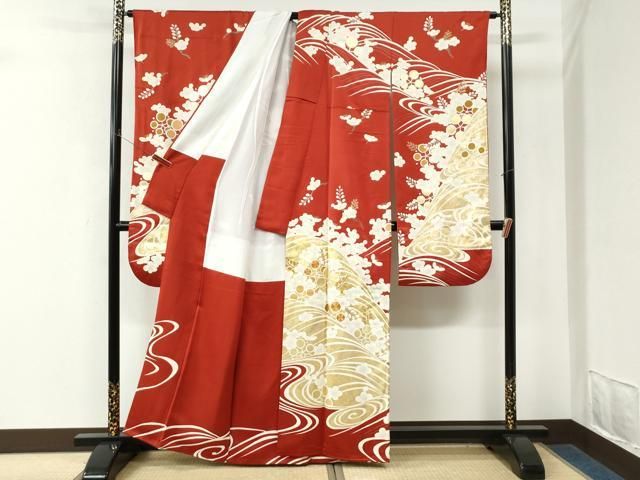 平和屋着物●豪華振袖　駒刺繍　流水枝梅文　金彩　正絹　逸品　CABM4634yc